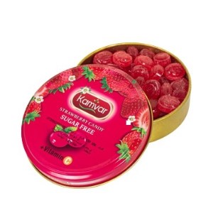 آبنبات رویال بدون قند و رژیمی با طعم توت فرنگی قوطی 150 گرمی کامور